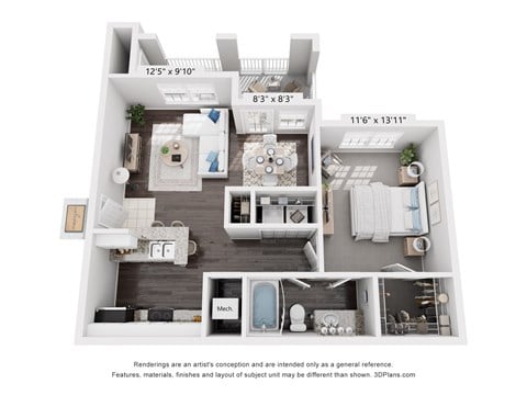 Floor plan for 1 bed, 1 bath, 813 sqft